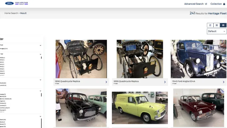 Søgeresultater i Ford Heritage Vault med billeder af bevarede Ford-køretøjer.